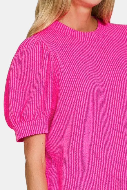 Raised Rib Puff Sleeve Top / HOT PINK