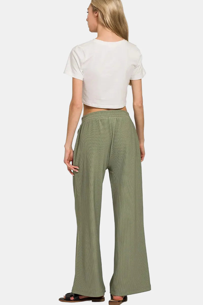 Ribbed High Neck Half Zip Pullover & Pants Set / LT OLIVE