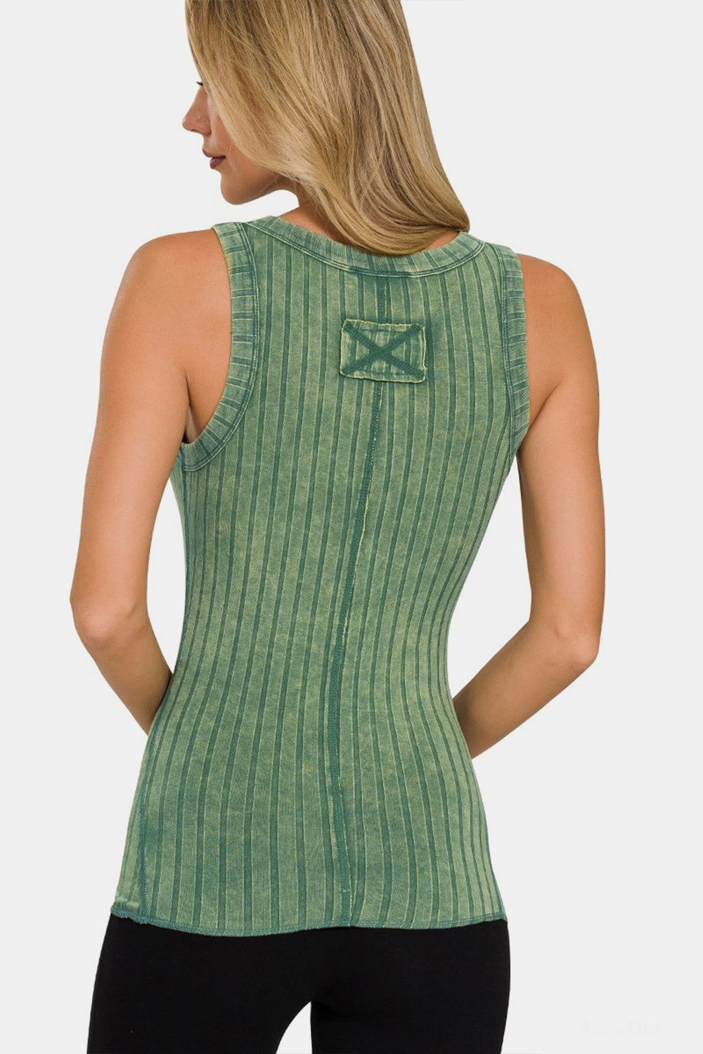 Washed Ribbed Scoop Neck Henley Tank Top