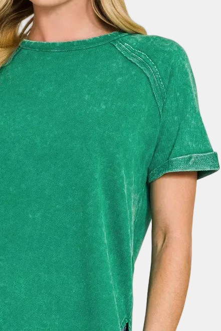 French Terry Washed Curved Hem Top / FOREST