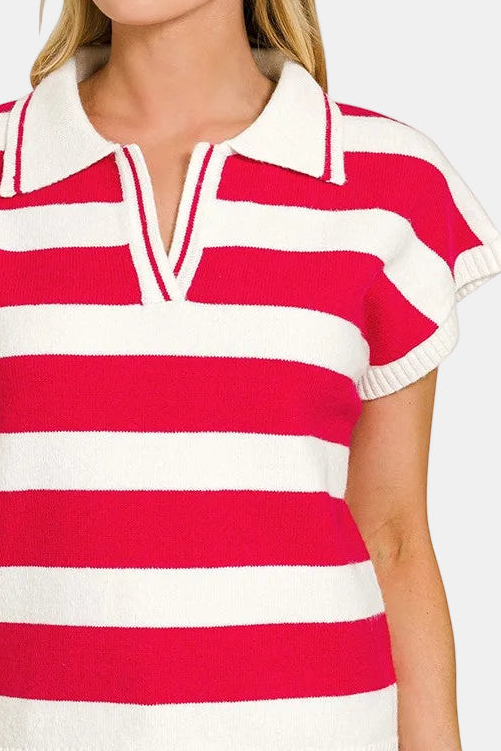 Striped Collared Short Sleeve Sweater / RED