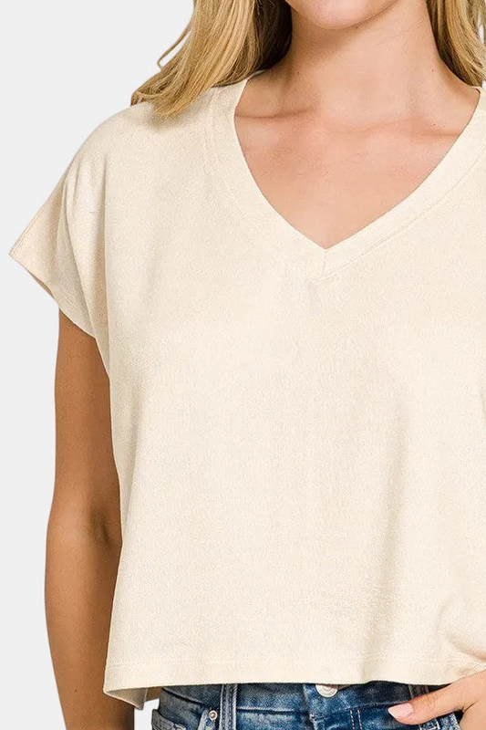 Soft Melange V-Neck Drop Shoulder Cropped Top / SAND BEIGE