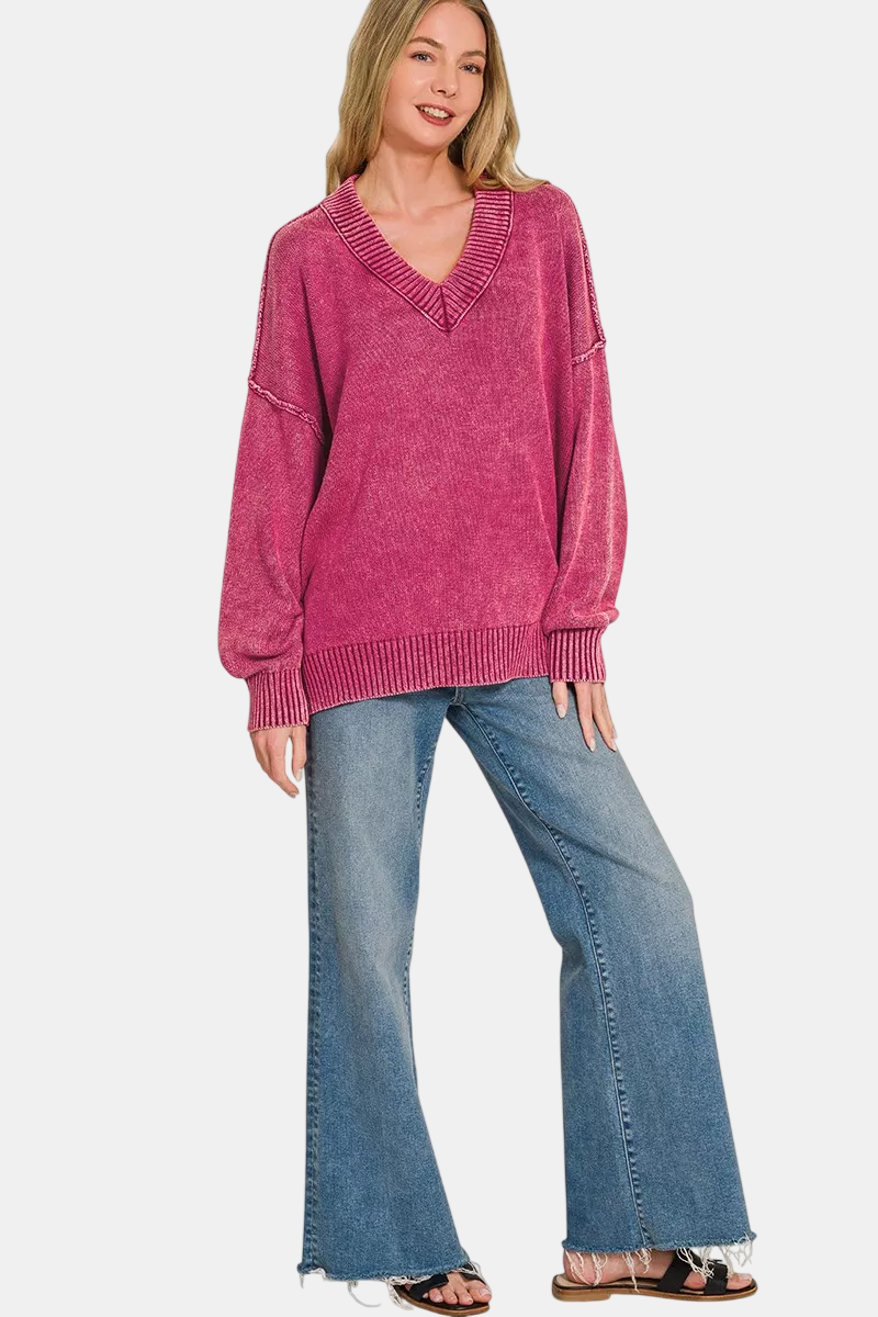 Washed Deep V-Neck Oversized Sweater / BROWN