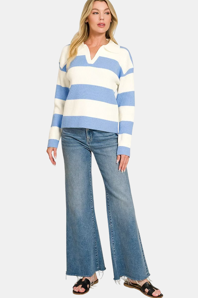 Striped Collared Sweater / HUNTER GREEN/IVORY