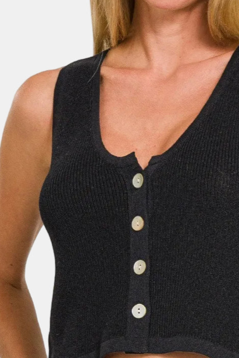 Button-Up Cropped Sweater Vest / BLACK