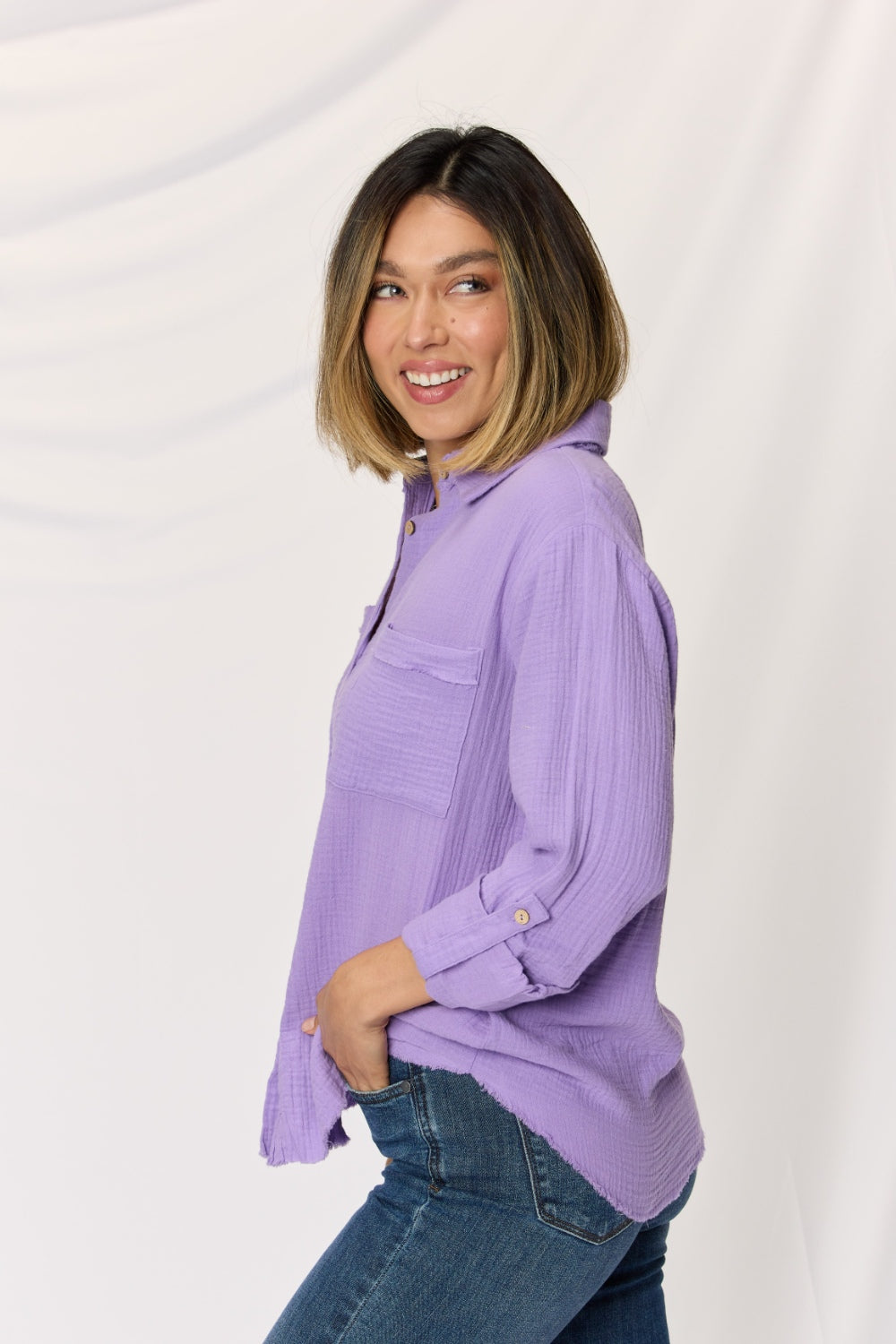 Double Gauze Button Down Roll-up Long Sleeve Shirt / LAVENDER