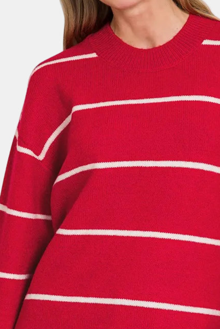 Round Neck Stripe Sweater / RUBY/IVORY