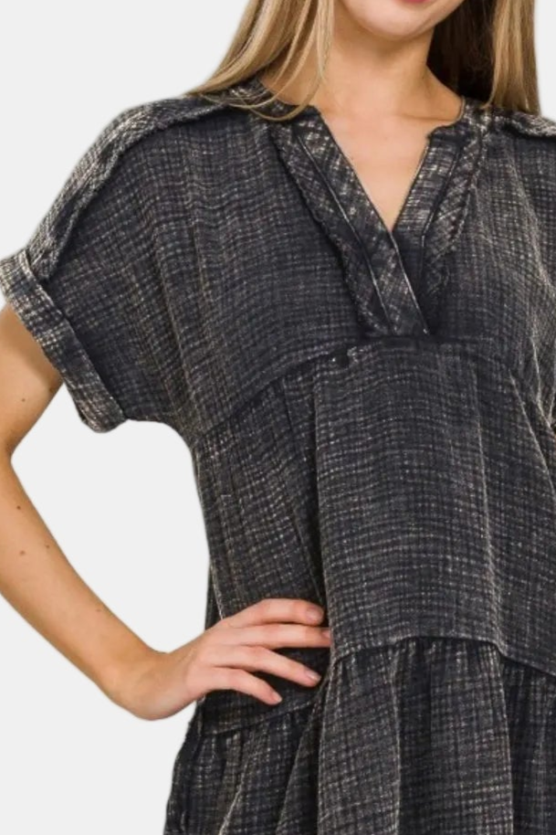 Washed Double Gauze Raw Edge V-Neck Dress / ASH BLACK