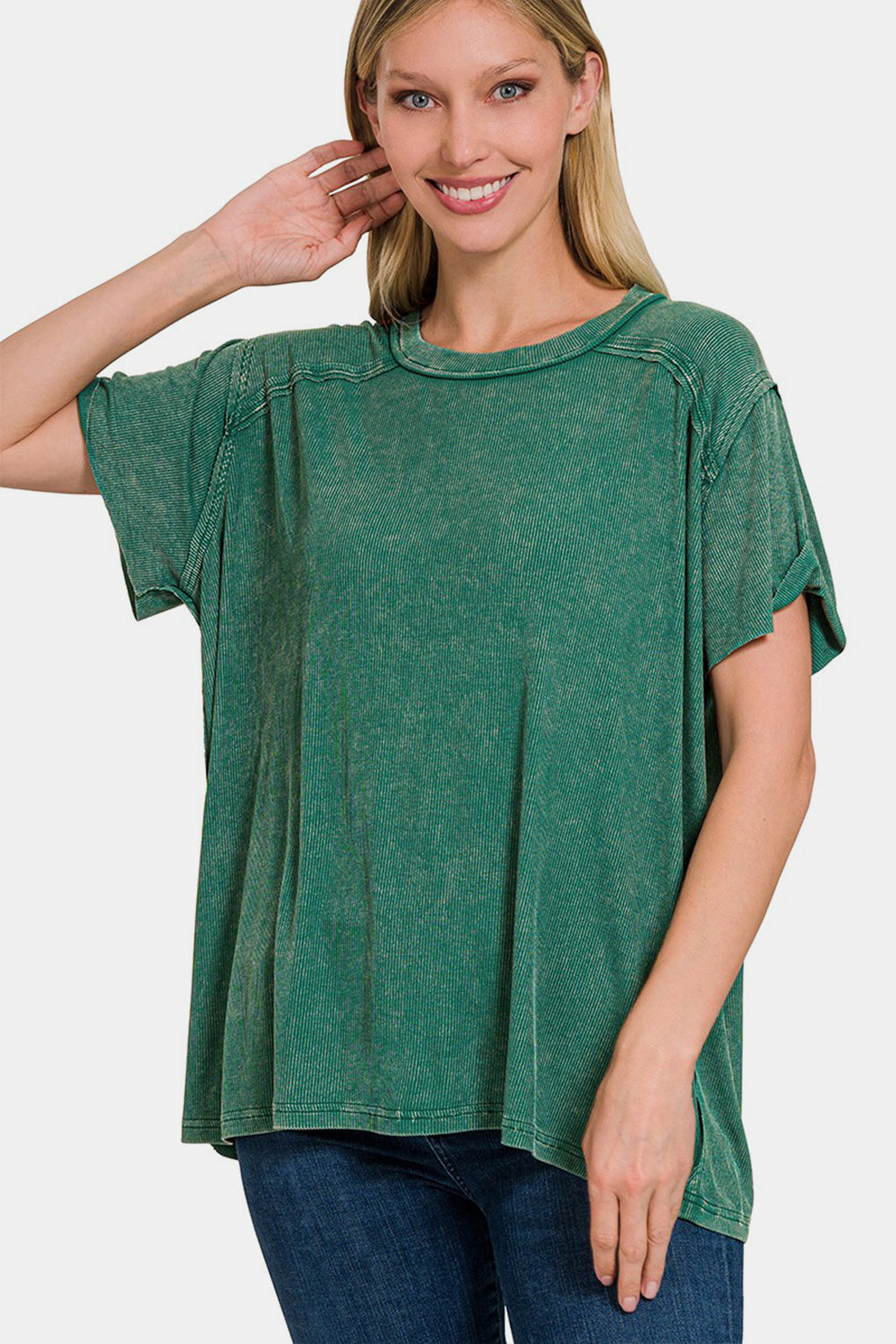Washed Ribbed Short Sleeve Boat Neck Top / DK GREEN