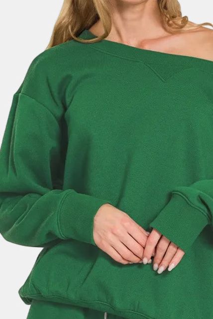 Fleece Boat Neck Sweatshirt & Shorts Set / DK GREEN