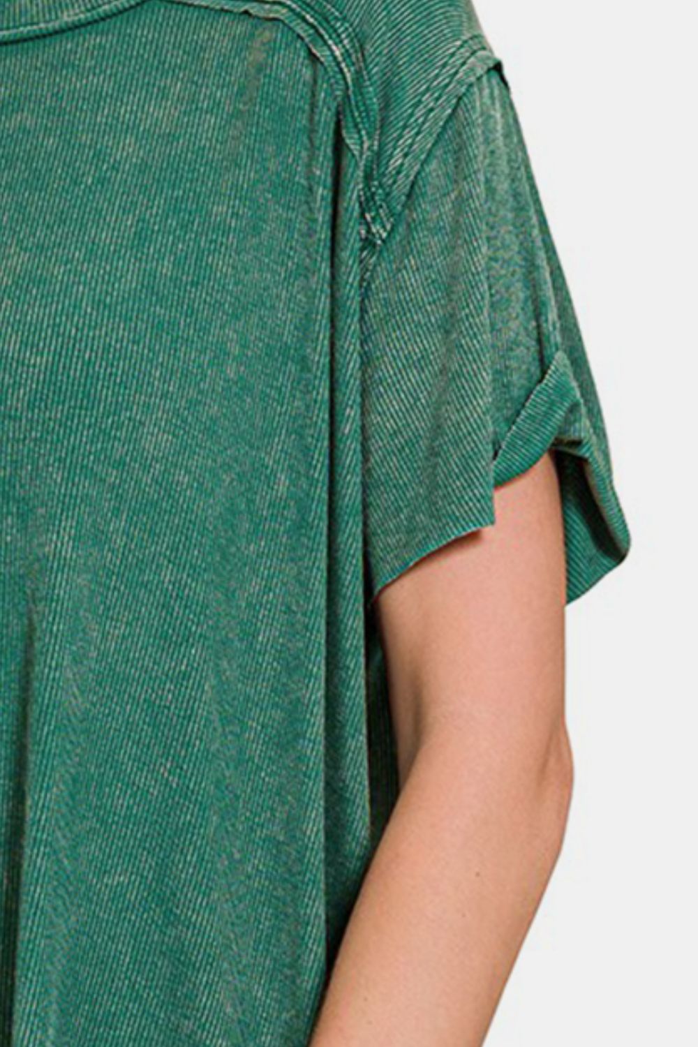 Washed Ribbed Short Sleeve Boat Neck Top / DK GREEN