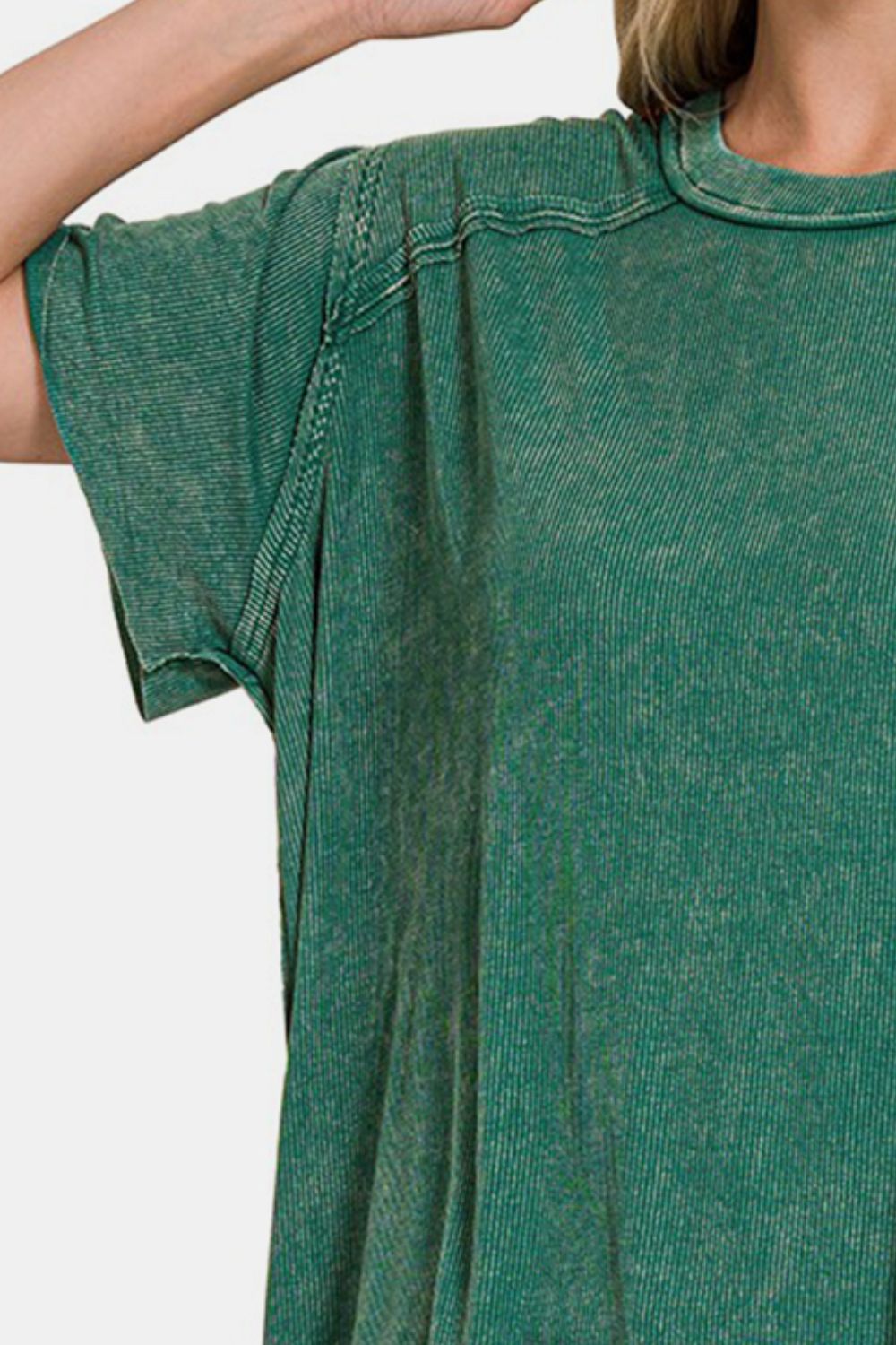 Washed Ribbed Short Sleeve Boat Neck Top / DK GREEN