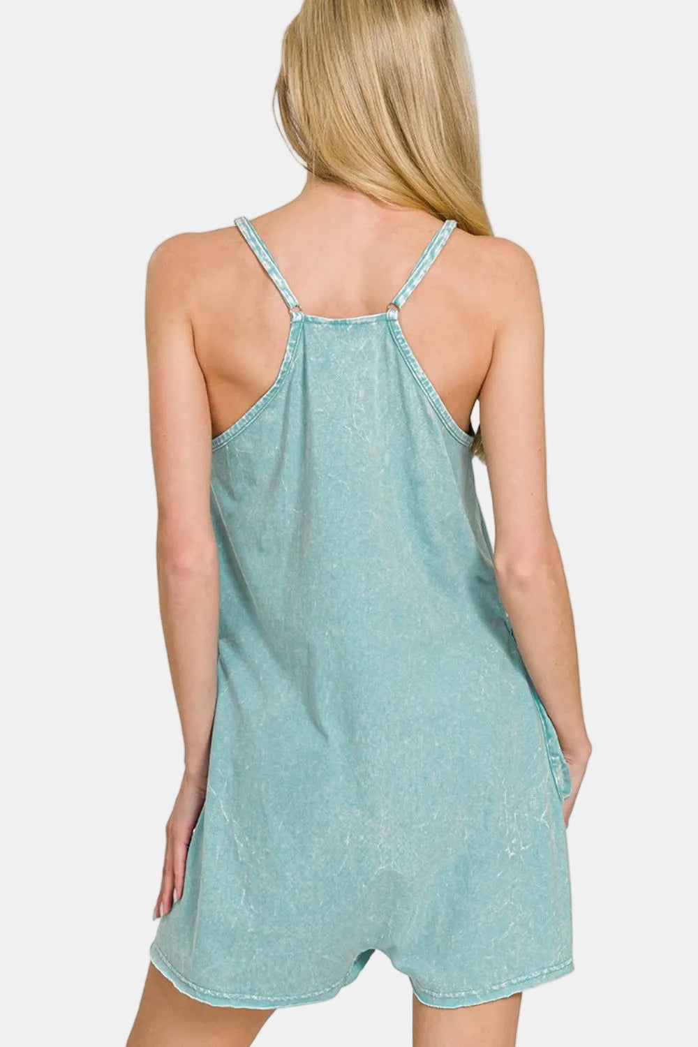 Acid Crinkle Washed Spaghetti Strap Pocketed Romper / DEEP SKY