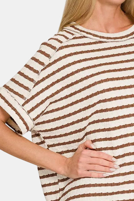 Stripe Jacquard Round-Neck Box Tee / BROWN