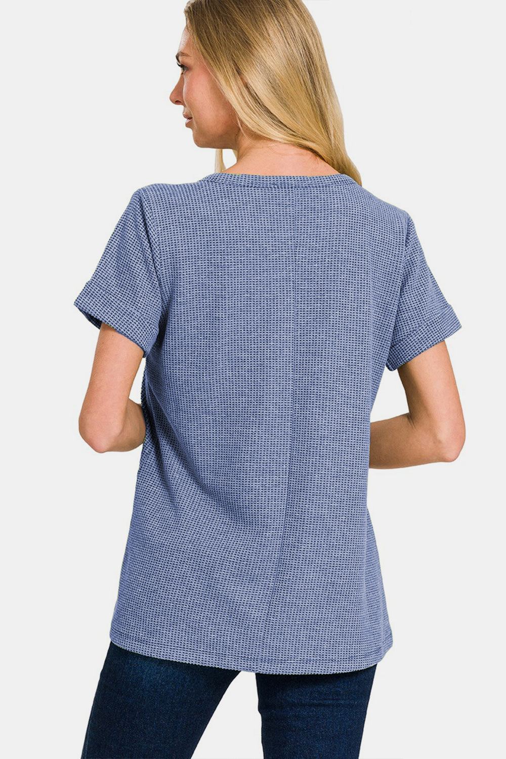 Melange Baby Waffle Henley Neck Short Sleeve Top / DENIM