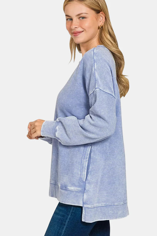 Acid Washed Double Ribbed Hi-Low Pullover / MARLIN
