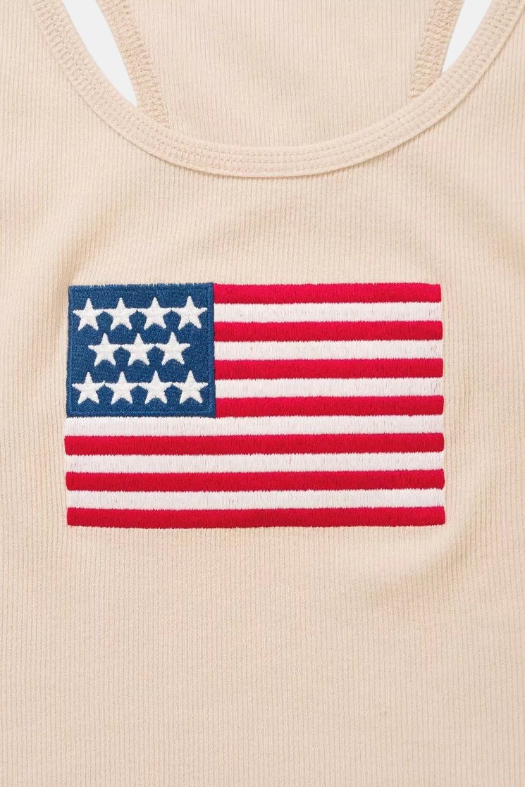 Ribbed American Flag Patch Stretchy Racerback Tank / RUBY