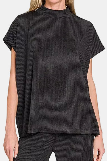Raised Rib Mock Neck Tee & Pants Set / BLACK