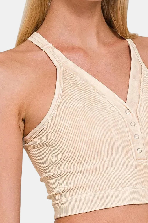 Washed Ribbed Seamless Button V-Neck Tank Top / SAND BEIGE