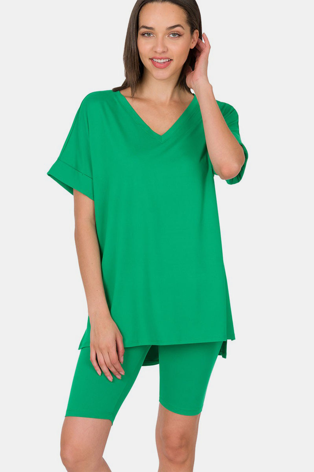 Brushed DTY Microfiber V-Neck Top & Biker Shorts Set