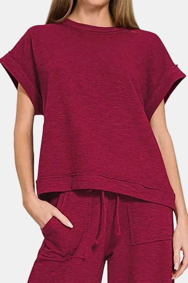 Cotton Slub Short Sleeve Tee & Long Pants Set / CABERNET