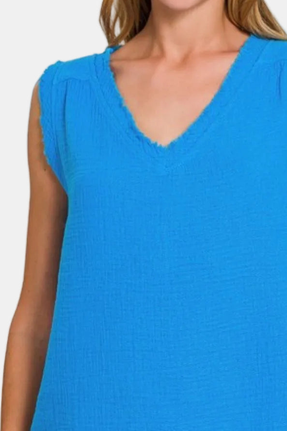 Double Gauze Raw Edge V-Neck Tank Top / DEEP SKY