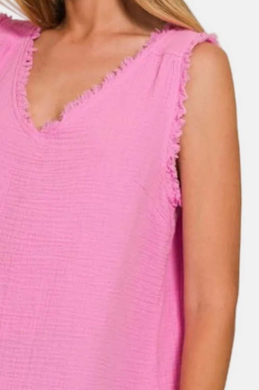 Double Gauze Raw Edge V-Neck Tank Top / CANDY PINK