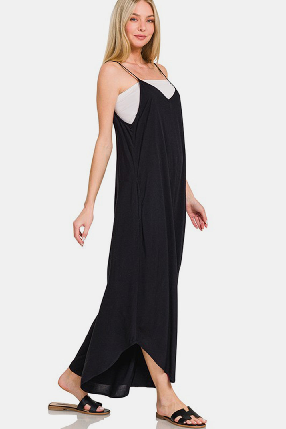 Wide Leg Rayon Challis Jumpsuit / BLACK