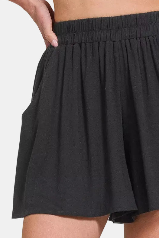 Woven Elastic Band Short Pants With Pocket / BLACK