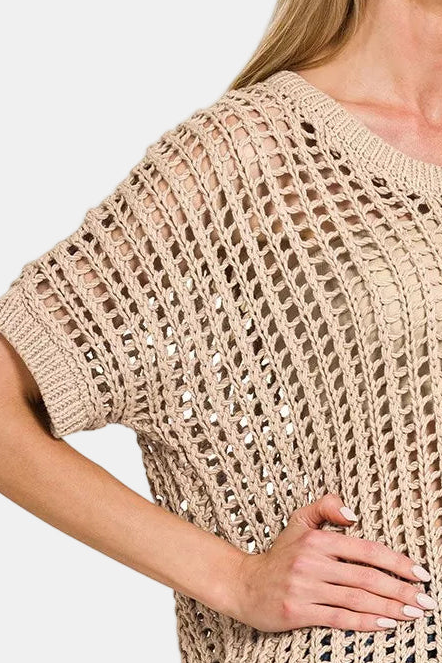 Fish Net Short Sleeve Crochet Sweater / ASH MOCHA