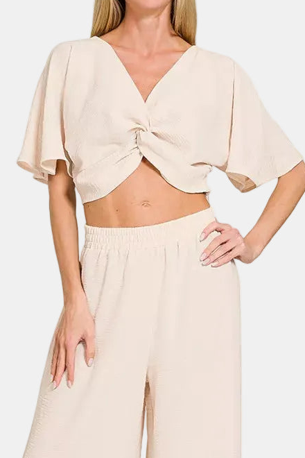 Woven Airflow Twisted Top & Wide Leg Pants Set / SAND BEIGE