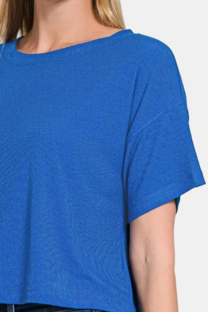 Ribbed Round-Neck Crop Box Tee / CLASSIC BLUE