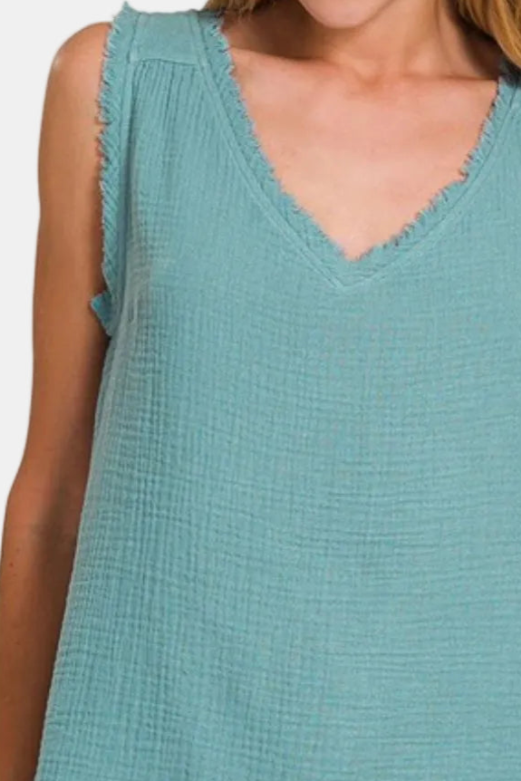 Double Gauze Raw Edge V-Neck Tank Top / DUSTY TEAL