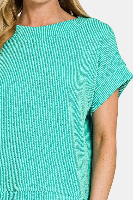 Raised Rib Cap Sleeve Top / TURQUOISE