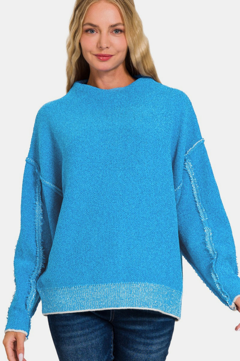 Oversized Mock Neck Raw Seam Chenille Sweater / DEEP SKY