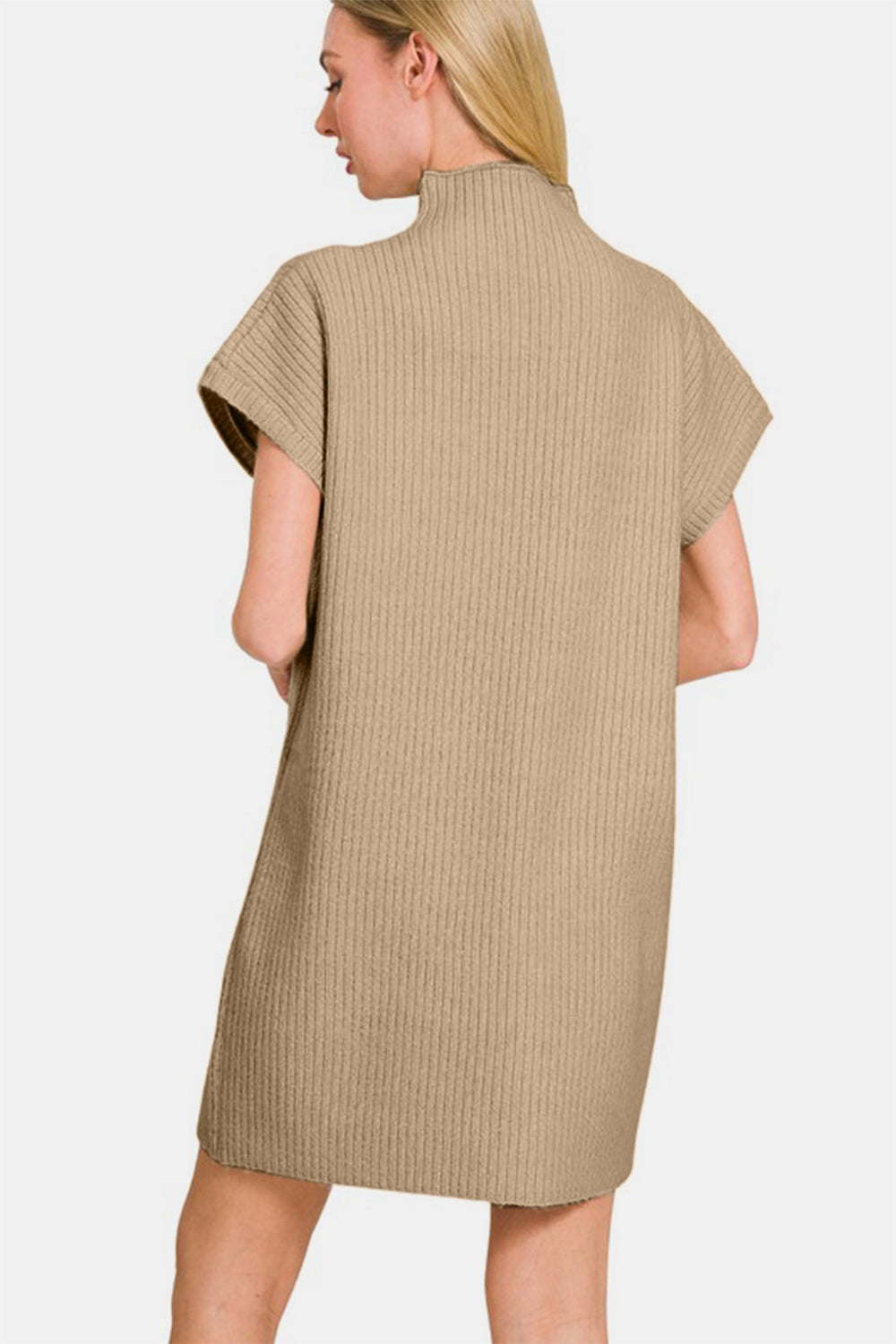 Mock Neck Short Sleeve Sweater Dress With Pocket / H MOCHA