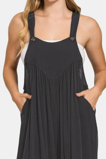 Woven Rayon Crepe Overalls / BLACK