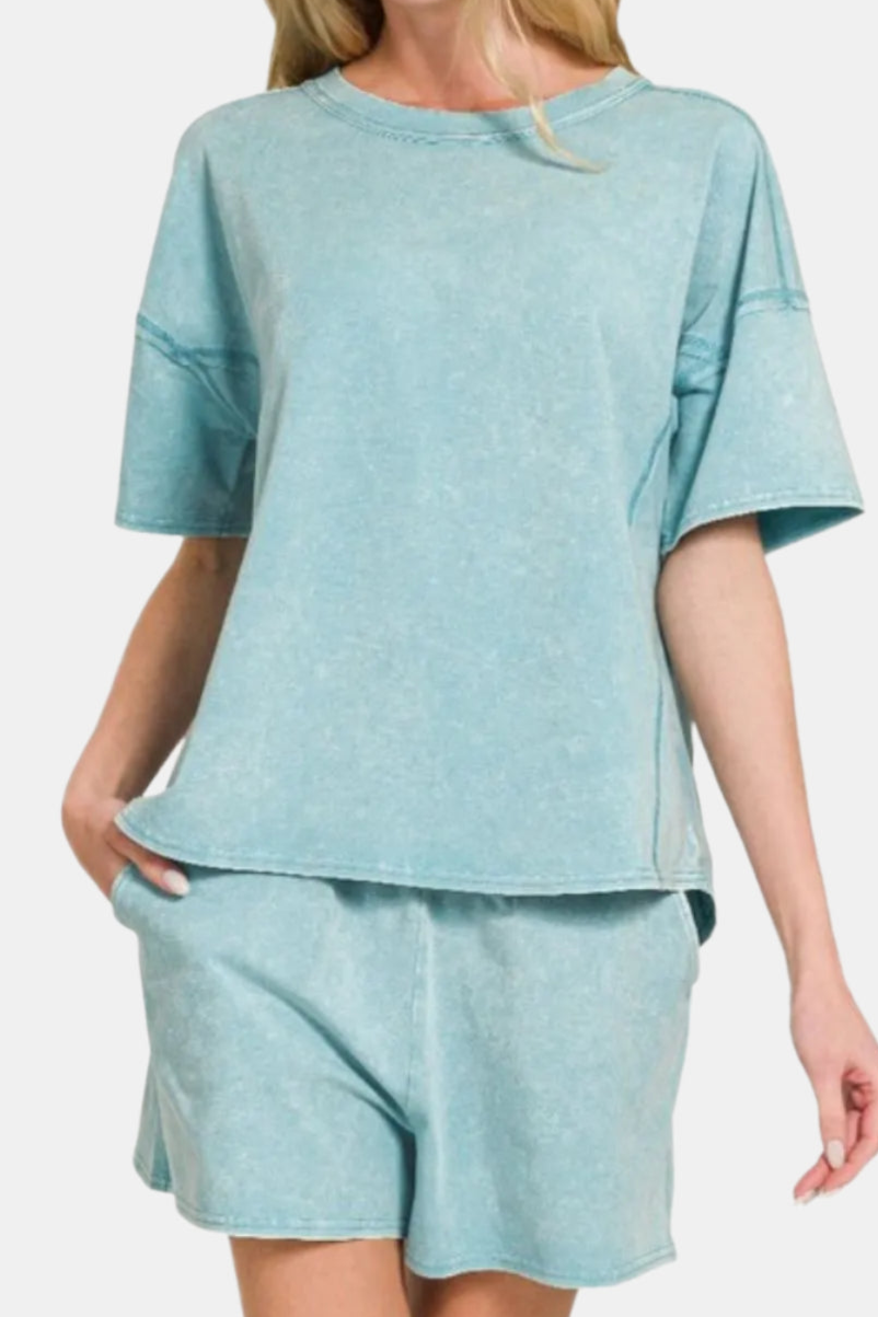 Acid Washed Short Sleeve Tee & Shorts Set / DUSTY TEAL