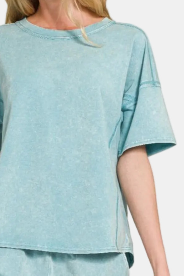 Acid Washed Short Sleeve Tee & Shorts Set / DUSTY TEAL