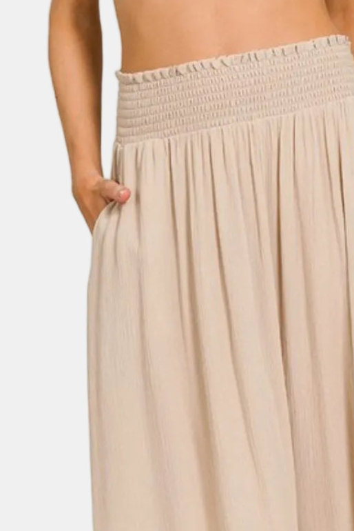 Woven Crinkle Smocked Waist Side Slit Maxi Skirt With Pockets / SAND BEIGE