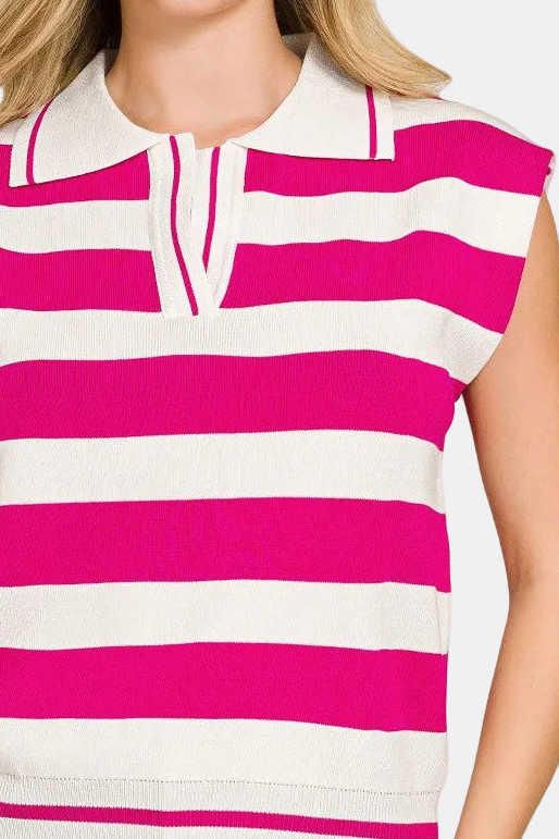 Viscose Striped Collared Sweater / HOT PINK/IVORY