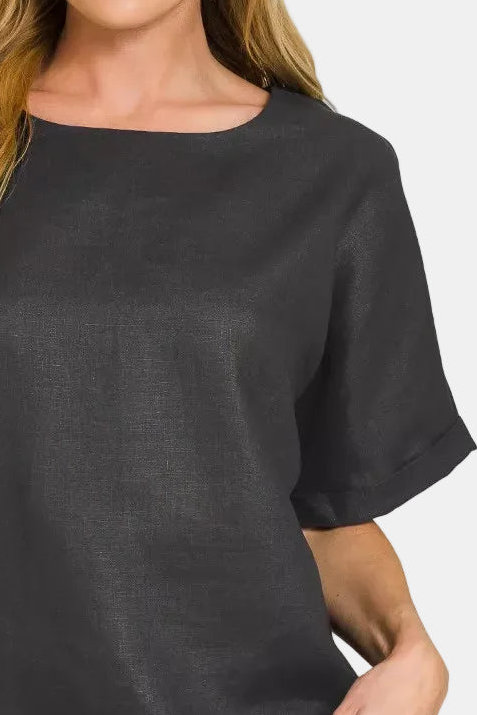 Linen Round Neck Cuffed Sleeve Top / BLACK