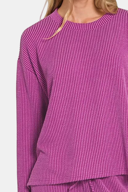 Raised Rib Long Sleeve Tee & Shorts Set / PLUM