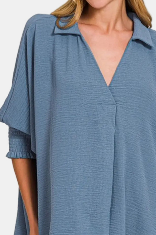 Airflow Collar Tee with Smocked Sleeve Band Top / DUSTY BLUE