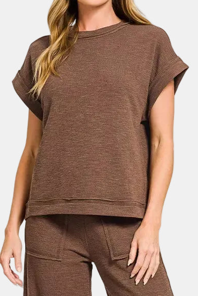Cotton Slub Short Sleeve Tee & Long Pants Set / BROWN