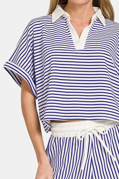 Striped Collared Top & Shorts Set / BRIGHT BLUE