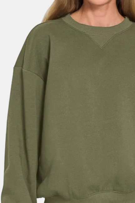 Fleece Long Sleeve Sweatshirt & Shorts Set / DK OLIVE