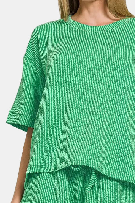 Raised Rib Short Sleeve Tee & Short Pants Set / K GREEN