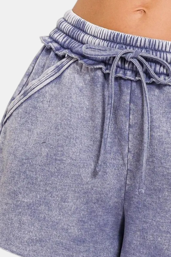 Acid Wash Fleece Drawstring Shorts With Pockets / MARLIN