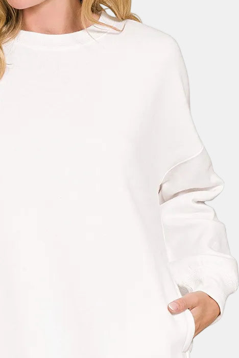 Fleece Hi-Low Boyfriend Sweatshirt with Pockets / OFF WHITE
